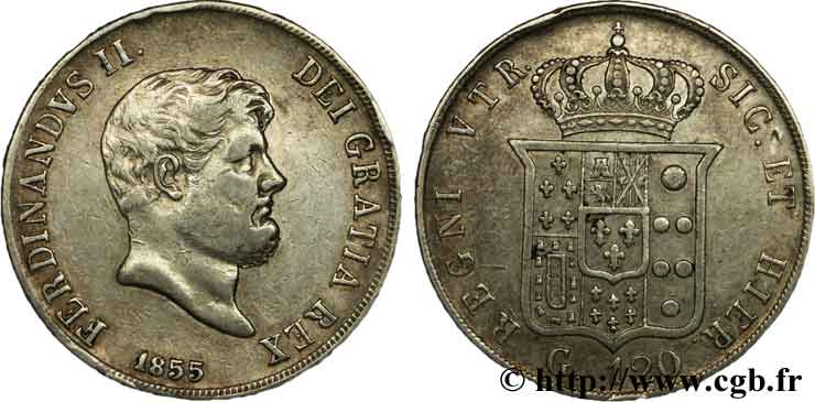 ITALIE - ROYAUME DES DEUX-SICILES 120 Grana Royaume des Deux-Siciles, Ferdinand II / écu couronné 1855 Naples TTB 