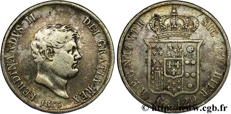 ITALIE - ROYAUME DES DEUX-SICILES 120 Grana Royaume des Deux-Siciles, Ferdinand II / écu couronné 1855 Naples TB+ 
