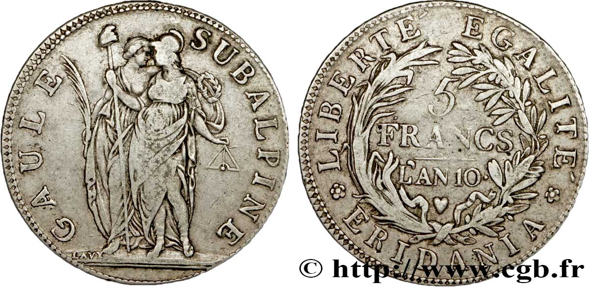 ITALIE - RÉPUBLIQUE SUBALPINE 5 Francs Gaule Subalpine figures allégoriques de la Gaule Subalpine et de la France 1801 an 10 Turin TB+ 