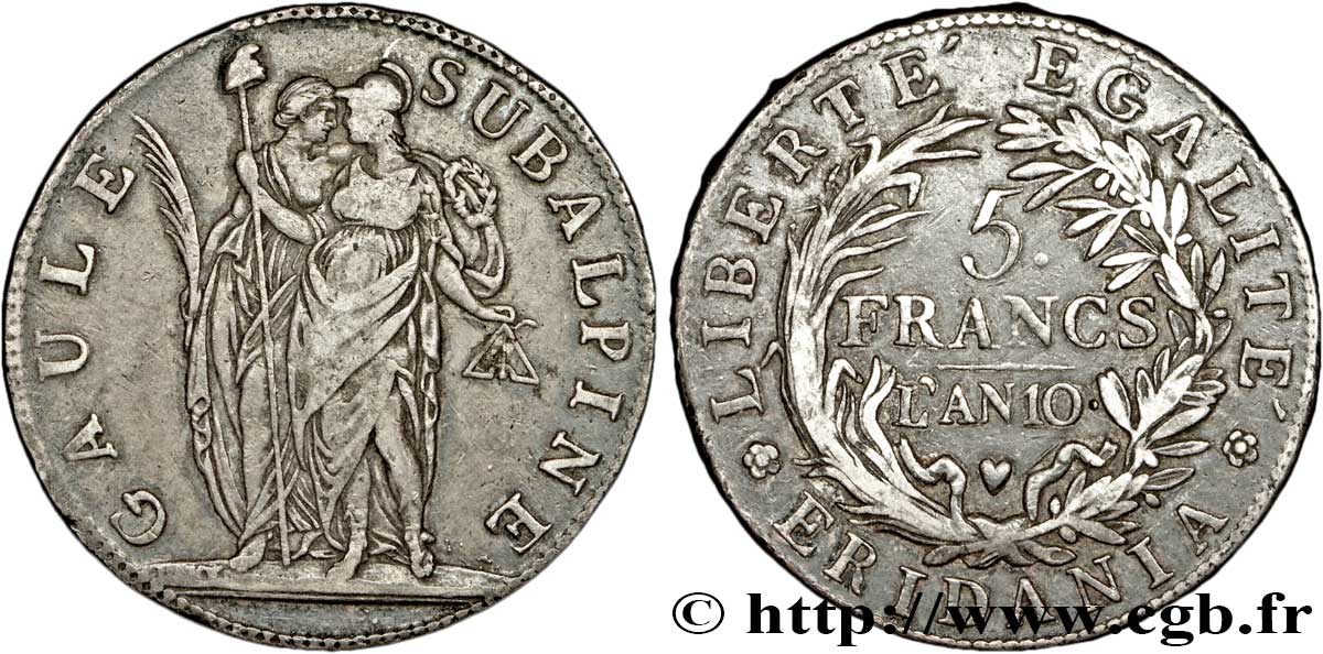 ITALIE - RÉPUBLIQUE SUBALPINE 5 Francs Gaule Subalpine 1801 an 10 Turin TTB 