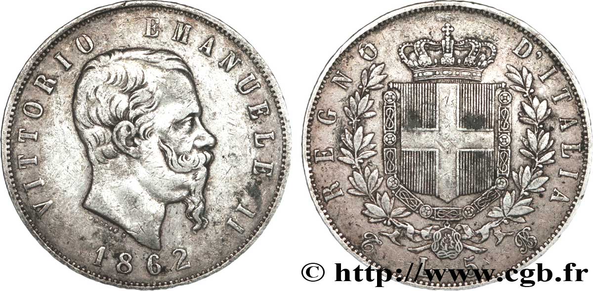 ITALIE 5 Lire Victor Emmanuel II, roi d’Italie 1862 Turin - T TB+ 