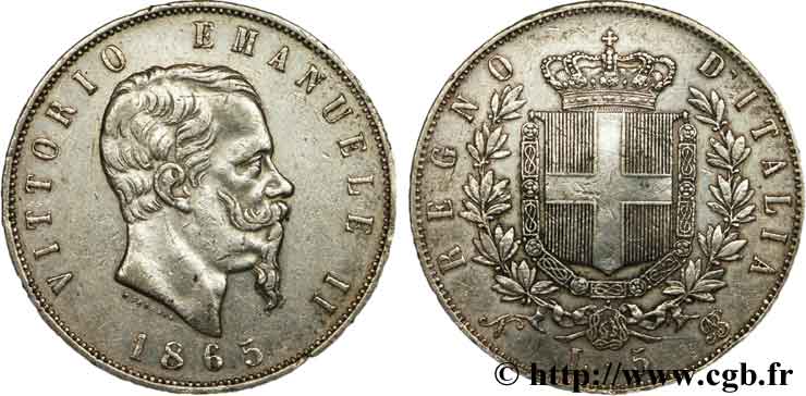 ITALIE 5 Lire Victor Emmanuel II, roi d’Italie 1865 Naples - N TB 