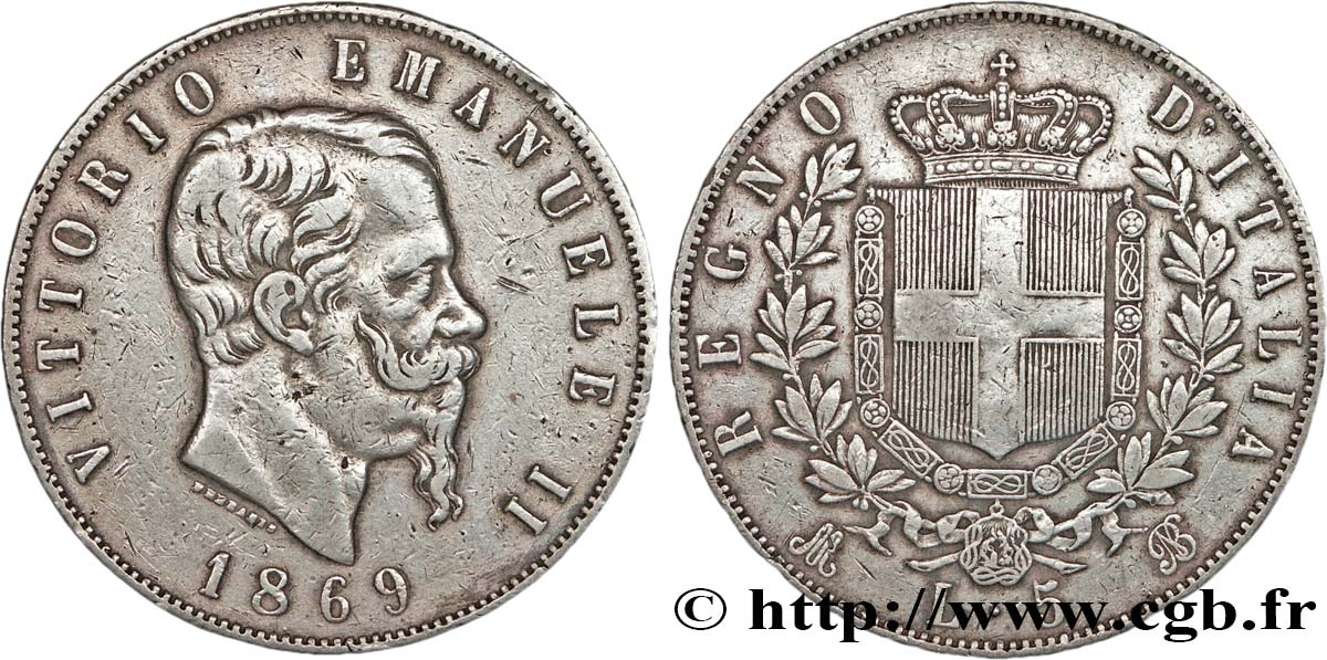 ITALIE 5 Lire Victor Emmanuel II 1869 Milan TB+ 
