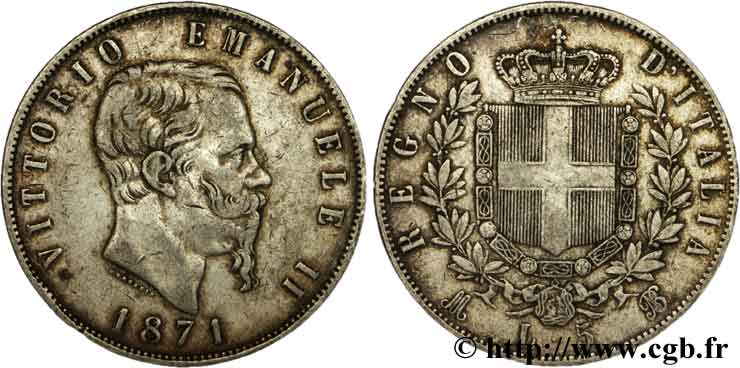 ITALIE 5 Lire Victor Emmanuel II 1871 Milan TB 