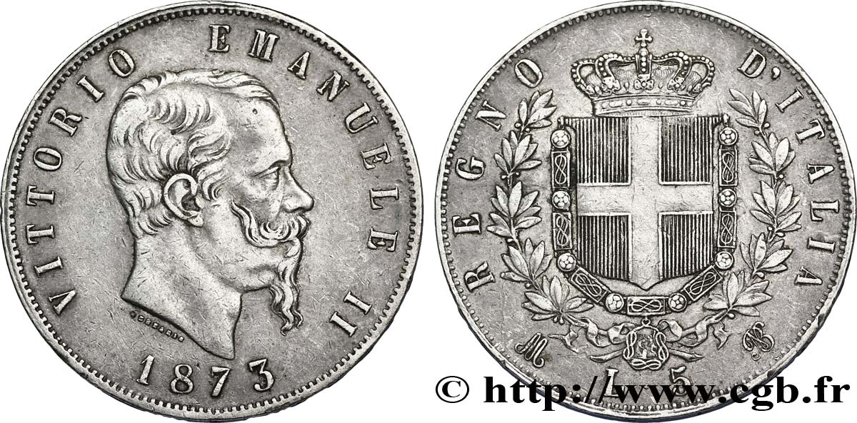 ITALIE 5 Lire Victor Emmanuel II 1873 Milan TTB+ 