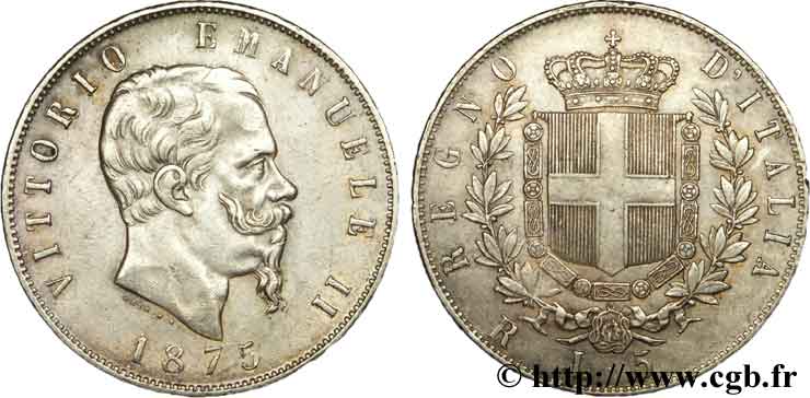 ITALIE 5 Lire Victor Emmanuel II, roi d’Italie 1875 Rome - R TTB+ 