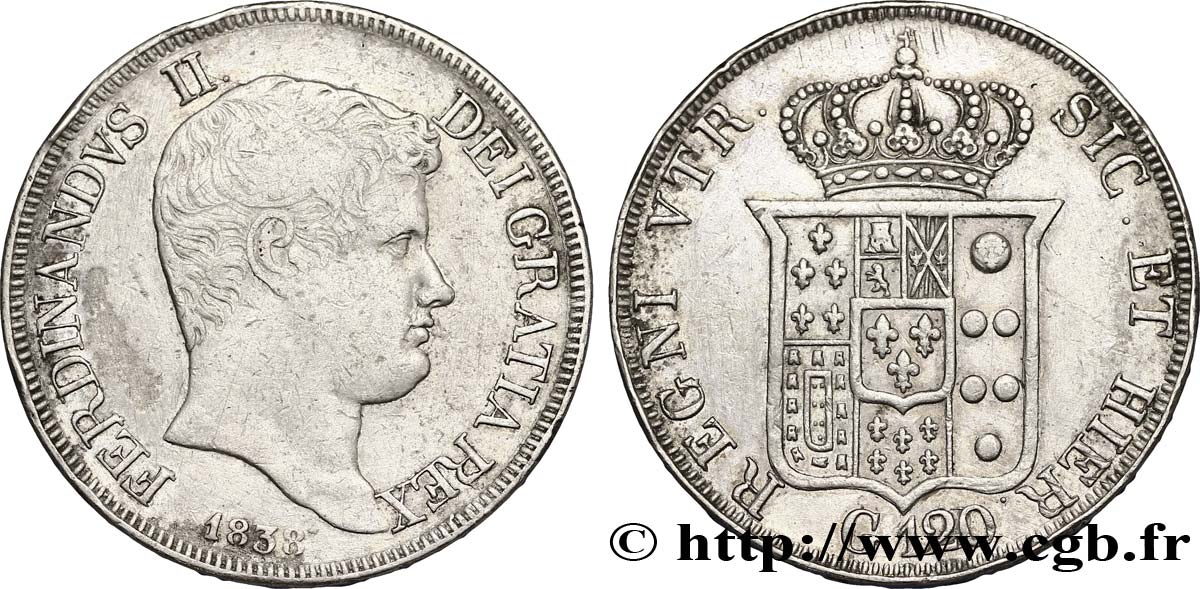 ITALIE - ROYAUME DES DEUX-SICILES 120 Grana Ferdinand II, roi de Naples et Sicile 1838 Naples TB+ 