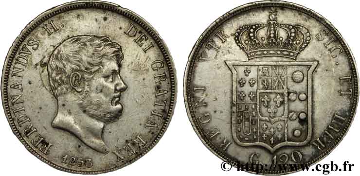 ITALIE - ROYAUME DES DEUX-SICILES 120 Grana Royaume des Deux-Siciles, Ferdinand II / écu couronné 1853 Naples TTB 