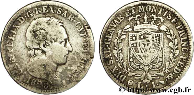 ITALIE - ROYAUME DE SARDAIGNE 1 Lire Charles Félix, roi de Sardaigne 1828 Turin TB 
