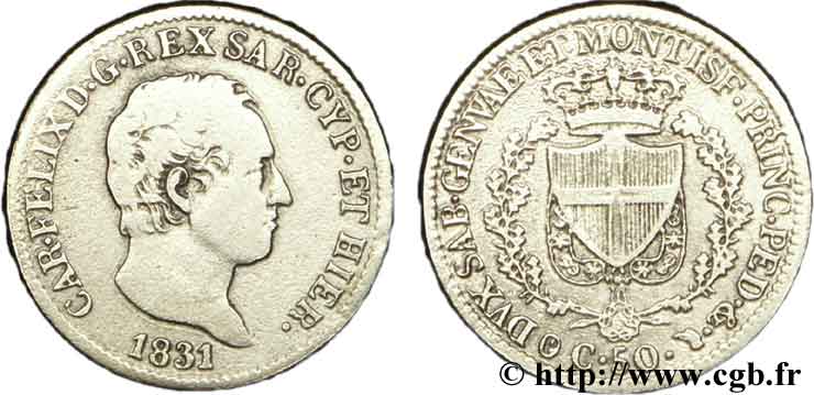 ITALIE - ROYAUME DE SARDAIGNE 50 Centesimi Charles Félix, roi de Sardaigne type “P” 1831 Turin TB 