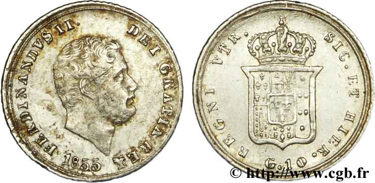 ITALIE - ROYAUME DES DEUX-SICILES 10 Grana Royaume des Deux-Siciles, Ferdinand II / écu couronné 1855 Naples TTB+ 