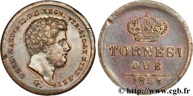 ITALIE - ROYAUME DES DEUX-SICILES 2 Tornesi Royaume des Deux-Siciles, Ferdinand II / écu couronné 1855 Naples TTB+ 