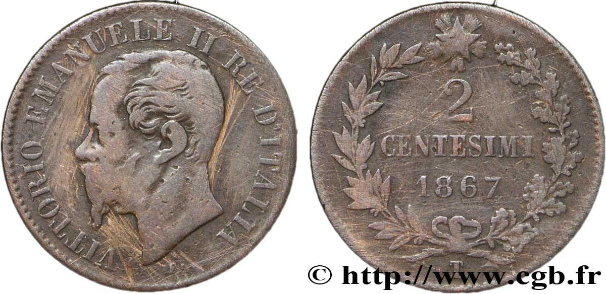 ITALIE 2 Centesimi Victor Emmanuel II 1867 Turin - T B+ 