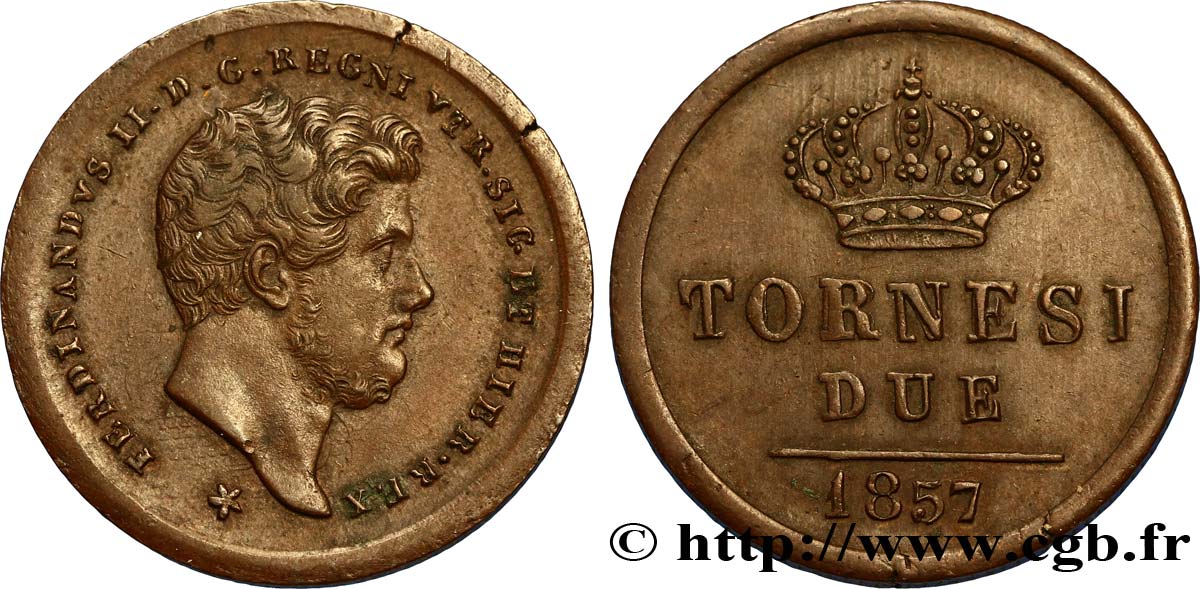 ITALIE - ROYAUME DES DEUX-SICILES 2 Tornesi Royaume des Deux-Siciles, Ferdinand II / écu couronné type à 5 pétales 1857 Naples SUP 