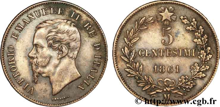 ITALIE 5 Centesimi Royaume d’Italie Victor Emmanuel II 1861 Milan - M SUP 