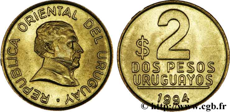 URUGUAY 2 Pesos José Gervasio Artigas, libérateur de l Uruguay 1994  SPL 