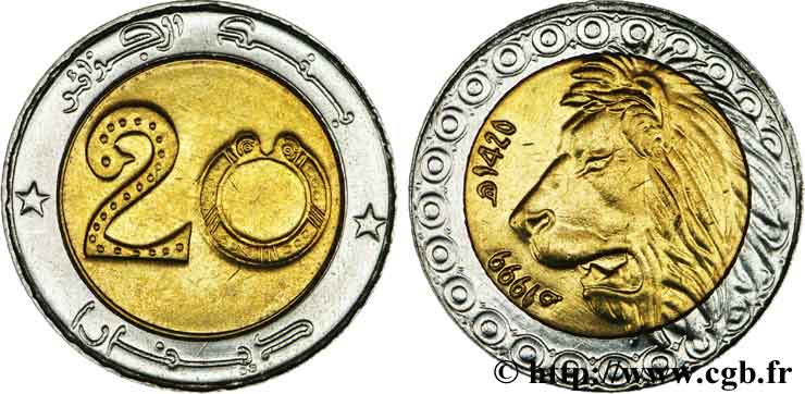 ALGÉRIE 20 Dinars tête de lion an 1420 1999  SPL 