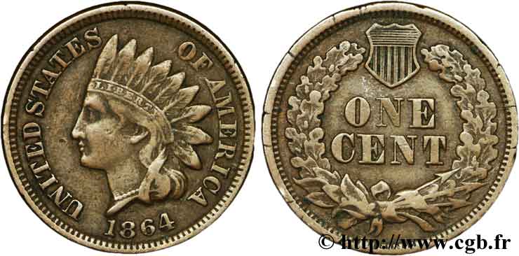 ÉTATS-UNIS D AMÉRIQUE 1 Cent tête d’indien, 3e type 1864  TTB 