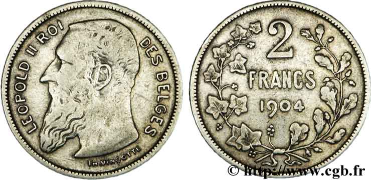 BELGIQUE 2 Francs Léopold II légende en flamand 1904  TB 