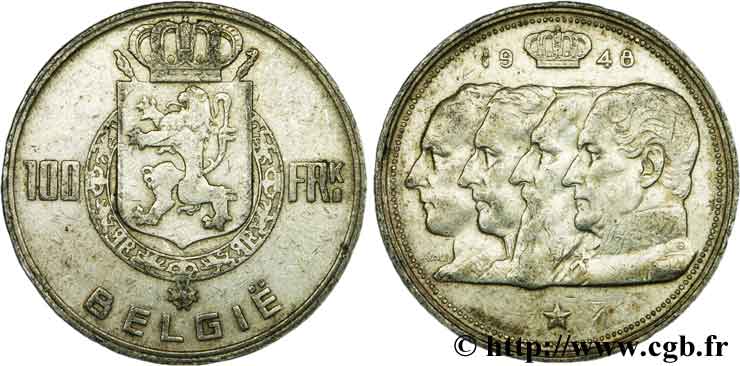 BELGIQUE 100 Francs bustes des quatre rois de Belgique, légende flamande 1948  TB+ 