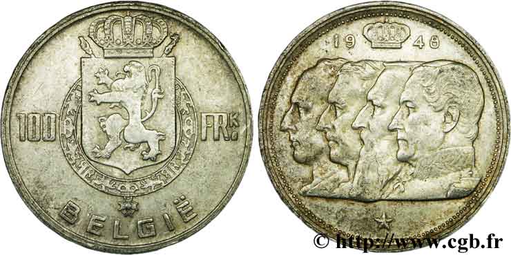 BELGIQUE 100 Francs bustes des quatre rois de Belgique, légende flamande 1948  TTB 