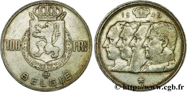 BELGIQUE 100 Francs armes au lion / portraits des quatre rois de Belgique, légende flamande 1949  TB+ 