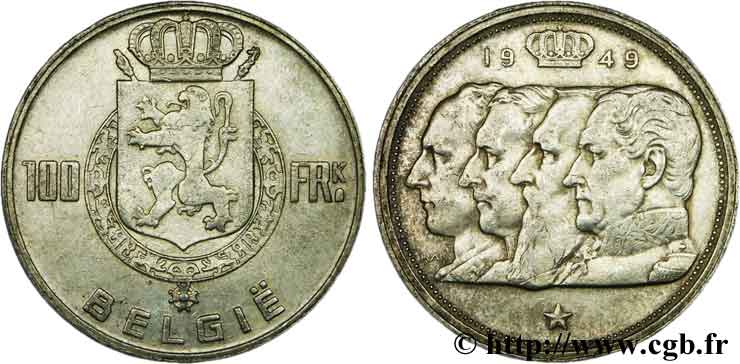 BELGIQUE 100 Francs armes au lion / portraits des quatre rois de Belgique, légende flamande 1949  TTB 