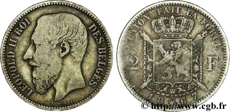 BELGIQUE 2 Francs Léopold II légende française 1867  TB+ 