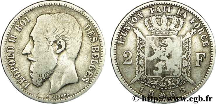 BELGIQUE 2 Francs Léopold II légende française 1868  TB 