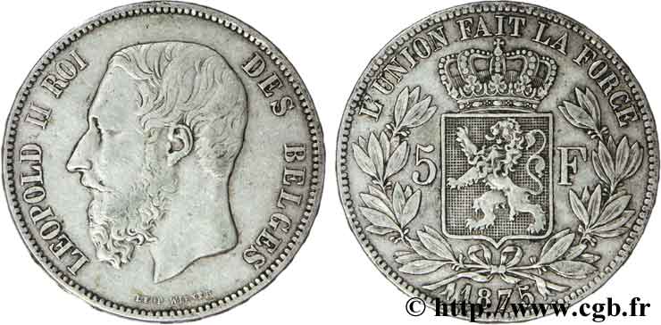 BELGIQUE 5 Francs Léopold II 1875  TB 