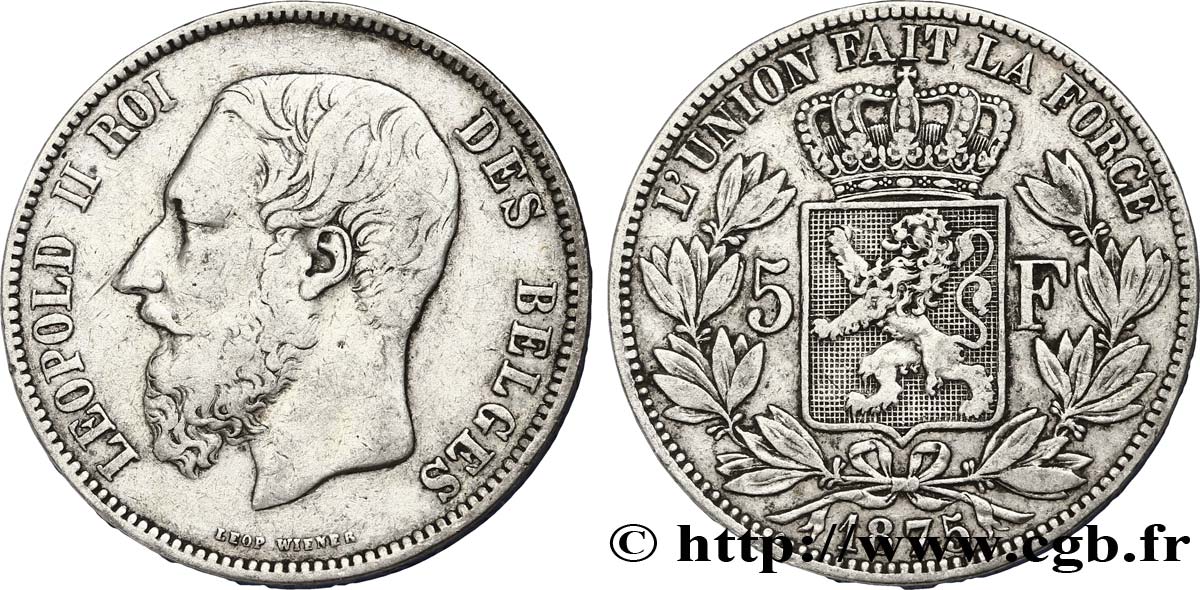 BELGIUM 5 Francs Léopold II 1875  VF 