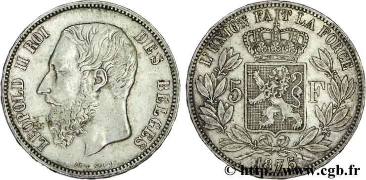 BELGIQUE 5 Francs Léopold II 1875  TTB 