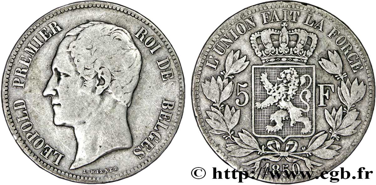 BELGIQUE 5 Francs Léopold Ier 1850  TB 