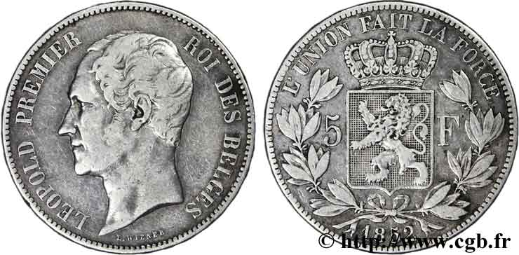 BELGIQUE 5 Francs Léopold Ier 1852  TB 