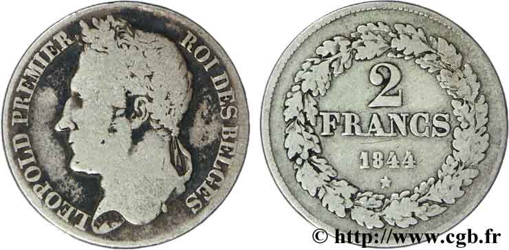 BELGIQUE 2 Francs Léopold Ier tête laurée tranche position A légende de tranche inclinée vers la droite 1844  B+ 