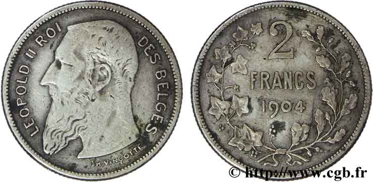 BELGIQUE 2 Francs Léopold II légende en français 1904  TB 