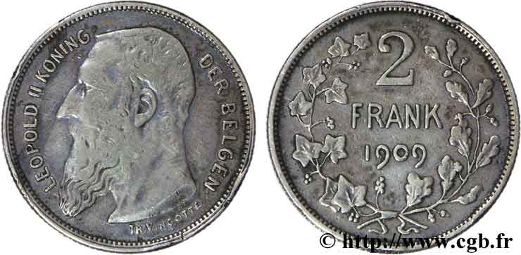 BELGIQUE 2 Francs (Frank) Léopold II légende flamande 1909  TB 