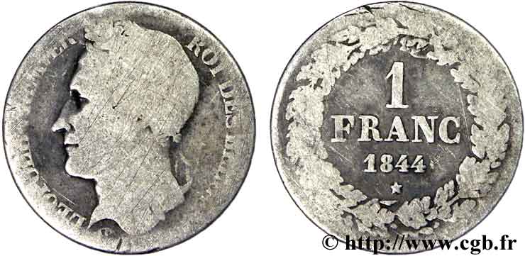 BELGIQUE 1 Franc Léopold tête laurée 1844  B 