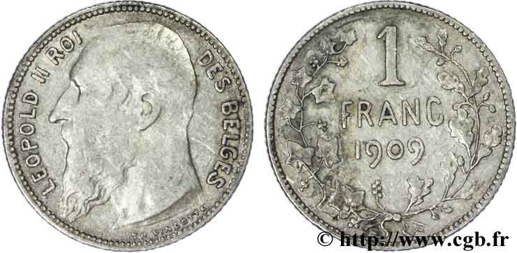BELGIQUE 1 Franc Léopold II légende française variété sans point dans la signature 1909  TB 