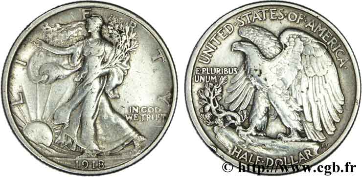 ÉTATS-UNIS D AMÉRIQUE 1/2 Dollar Walking Liberty 1918 Philadelphie TTB 