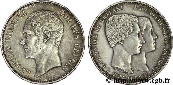 BELGIQUE 5 Francs Léopold Ier / mariage du Duc de Brabant 1853 Bruxelles TTB 