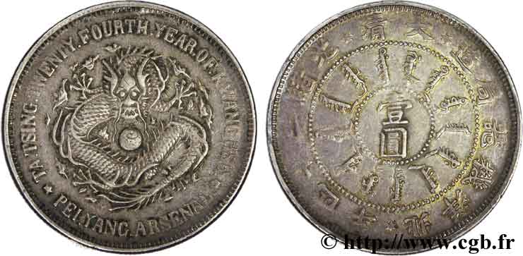 CHINE 1 Dollar CHIHLI arsenal de Pei-Yang, (Tientsin) Dragon vu de face An 24 = 1898 1898 Arsenal de Pei-Yang (Tienstin) TTB 