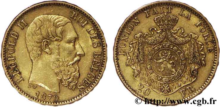 BELGIQUE 20 Francs Léopold II 1870 Bruxelles TTB50 