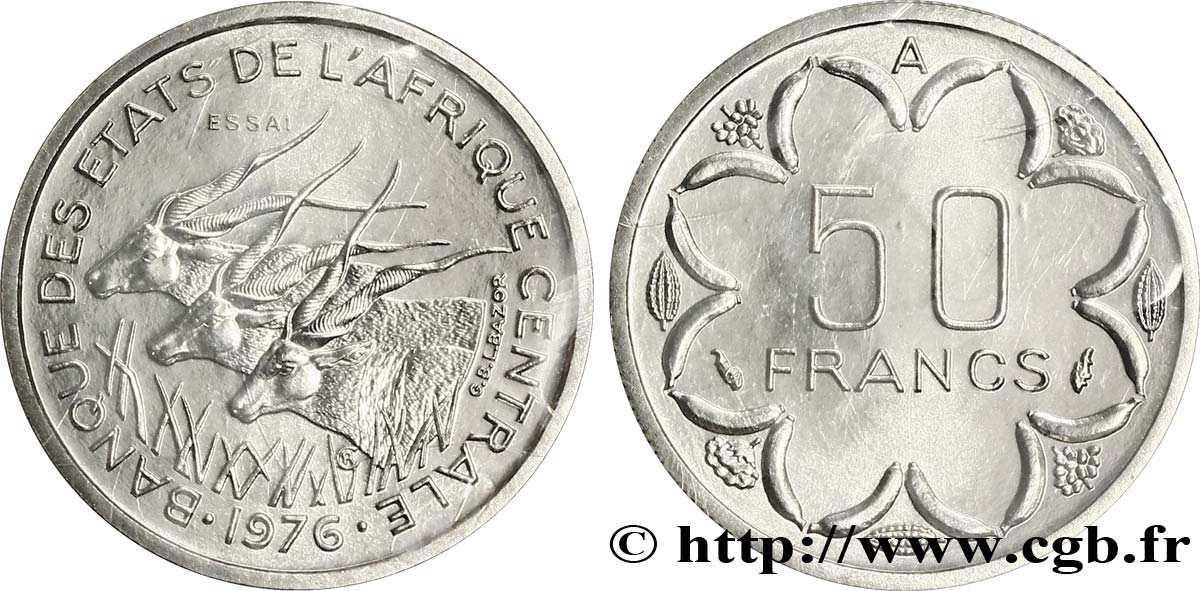 STATI DI L  AFRICA CENTRALE Essai de 50 Francs antilopes lettre ‘A’ Tchad 1976 Paris FDC 
