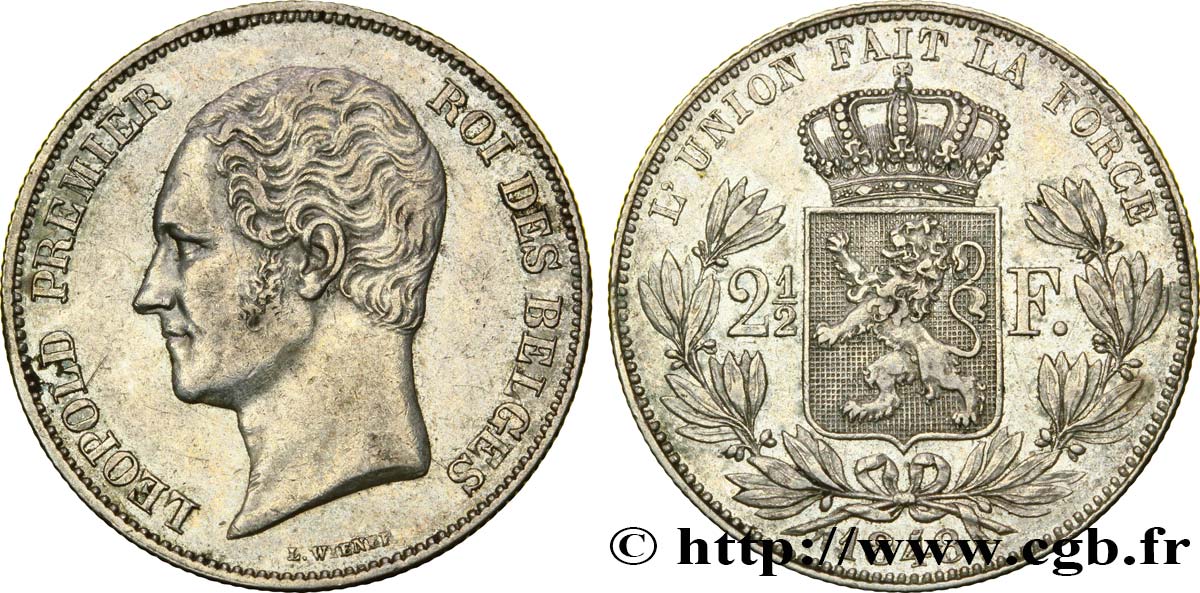 BELGIQUE - ROYAUME DE BELGIQUE - LÉOPOLD Ier 2 1/2 Francs, 2e type, petite tête nue 1848 Bruxelles AU 