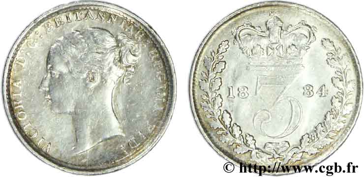 ROYAUME-UNI 3 Pence, (Maundy set) Victoria / “3” couronné 1884 Londres TTB 
