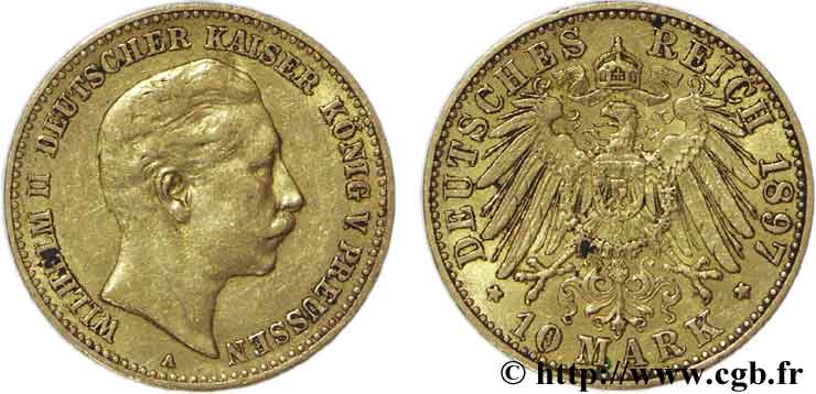 ALLEMAGNE - PRUSSE 10 Mark or, 2e type Guillaume II empereur d Allemagne, roi de Prusse / aigle impérial 1897 Berlin TTB42 