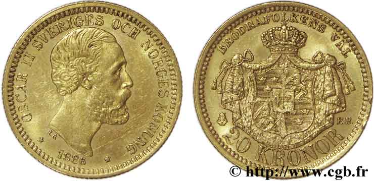 SUÈDE 20 Kronor, 3e type Oscar II roi de Suède et de Norvège / écu posé sur un manteau couronné 1886 Stockholm SUP55 