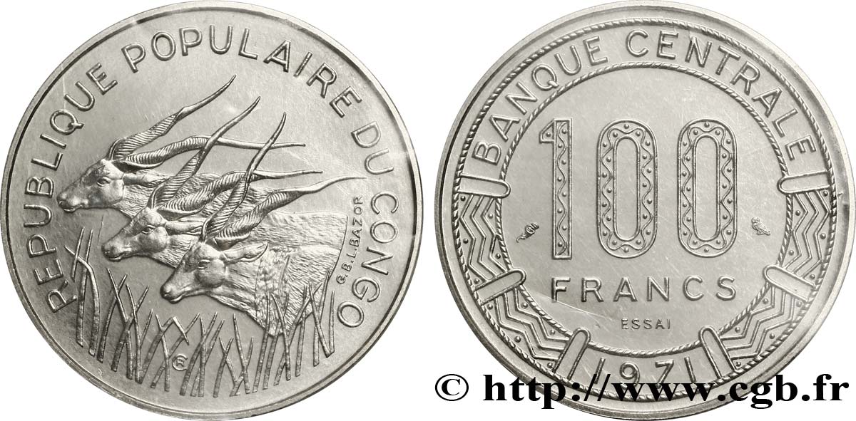 REPúBLICA DEL CONGO Essai de 100 Francs type “Banque Centrale”, antilopes 1971 Paris FDC70 