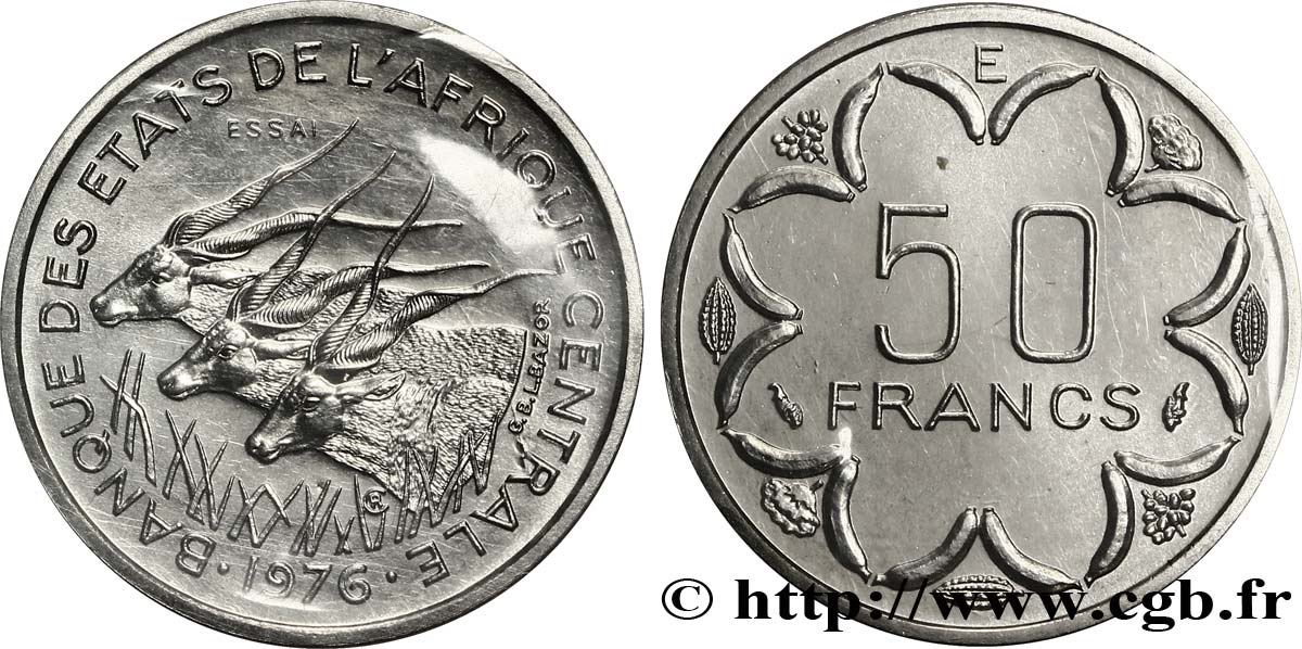 STATI DI L  AFRICA CENTRALE Essai de 50 Francs antilopes lettre ‘E’ Cameroun 1976 Paris FDC 
